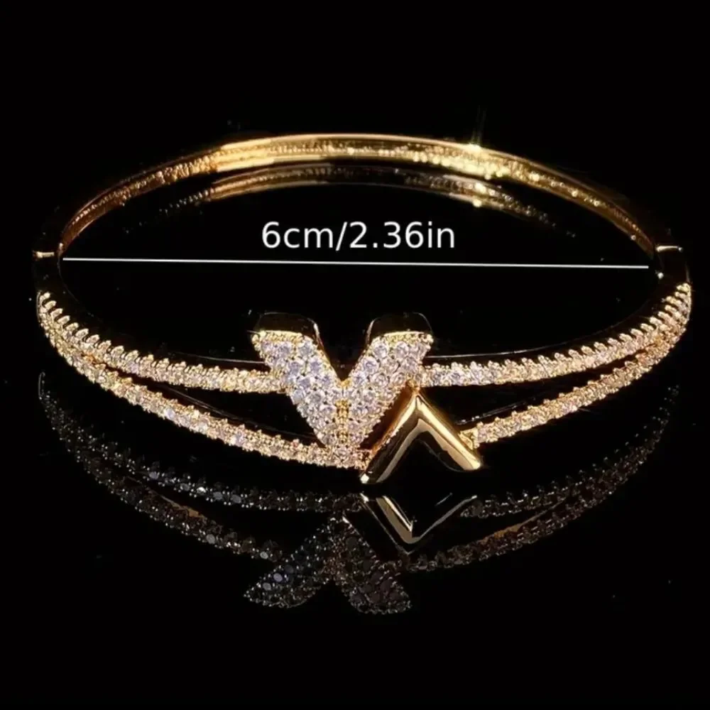 Gold Luxury Diamond Letter V Bangle Bracelet